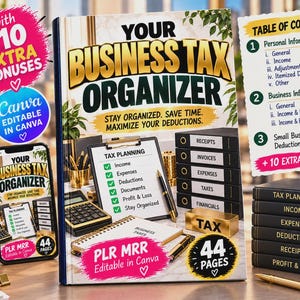 May include: A business tax organizer book with a white marble cover featuring the text Your Business Tax Organizer, Stay Organized. Save Time. Maximize Your Deductions. The cover displays a clipboard, a calculator, and stacked black binders.