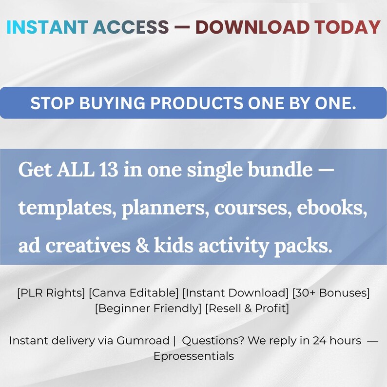 Pu&ograve; includere: Una pubblicit&agrave; con il testo "ACCESSO IMMEDIATO - SCARICA OGGI". Promuove un pacchetto di 13 elementi, tra cui modelli, planner, corsi, ebook, creativit&agrave; pubblicitarie e pacchetti di attivit&agrave; per bambini. Il testo menziona anche "Diritti PLR" e "Canva Editable".