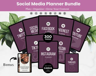 Social Media Planner Bundle Canva Template | 300+ Editable Content Planner Pages Printable Digital Marketing Kit