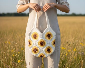 Patrón de bolso de crochet con girasoles / Patrón de bolso cuadrado de la abuela / Bolso con girasoles / Descarga en PDF