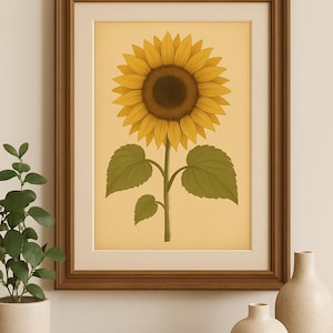 Sunflower Botanical Print – Vintage Style Wall Art | Digital Download | Cottagecore Decor | A4 Printable