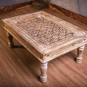 Hand-Carved Solid Wood Coffee Table: Boho Rustic Living Room Furniture