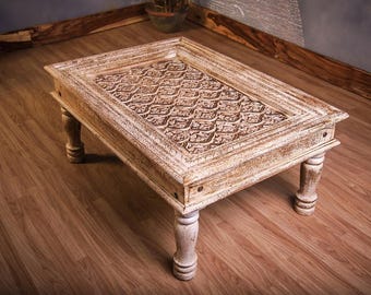 Hand-Carved Solid Wood Coffee Table: Boho Rustic Living Room Furniture