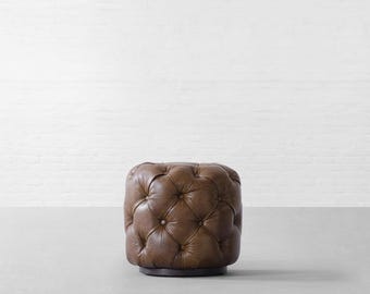 Vintage Style Brown Leather Tufted Ottoman Pouf | Round Footstool | Classic Chesterfield Accent Seating