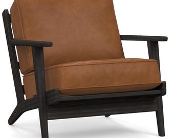 Fotel akcentowy ze skóry w stylu Mid-Century Modern, rama z litego drewna