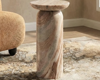 Sawar Marble Pedestal Side Table – Round Stone Accent Table