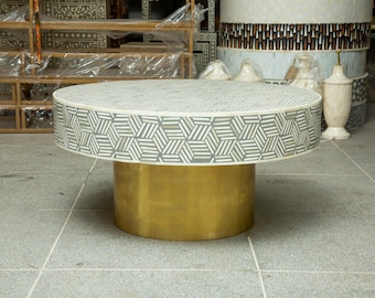 Handmade Bone Inlay Coffee Table: Round Geometric Black & White with Brass Base
