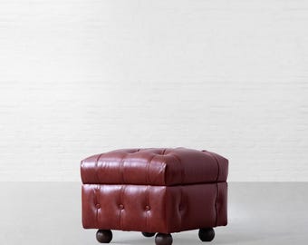 Tufted Leather Ottoman Stool – Red Upholstered Pouf with Wooden Ball Legs – Vintage Style Footrest