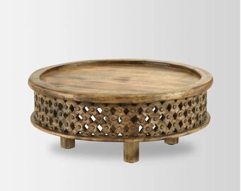 Hand Carved Floral Jali Coffee Table, Rustic Indian Boho Style