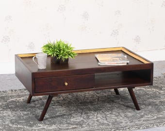 希少　ミッドセンチュリー コーヒーテーブル　無垢　キャビネット　シェルフ ミッドセンチュリーモダン無垢材コーヒーテーブル（引き出し＆オープン