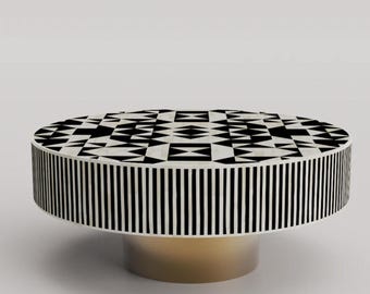 Handmade Bone Inlay Coffee Table – Black Floral Round Center Table Brass Base