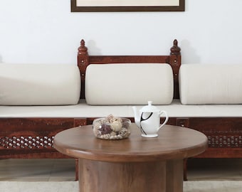 Mesa de centro redonda de madera maciza, mesa de madera estilo tambor, muebles minimalistas para sala de estar.