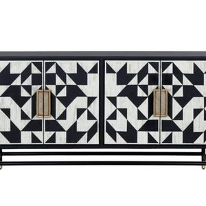 Geometric Bone Inlay Sideboard Cabinet – Black White Brass Handles Handmade Storage Console