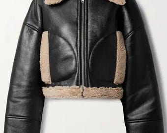 HALFBOY Cropped Shearling Jacket | Women’s Luxury Sheepskin Leather Aviator Coat | Custom Size XS-5XL | Gift For Women's