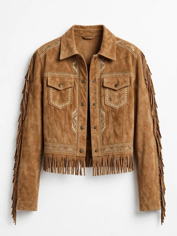 Tan Suede Fringe Jacket Women Western | Boho Embroidered Suede Jacket | Womens Western Fringe Coat | Camel Suede Jacket
