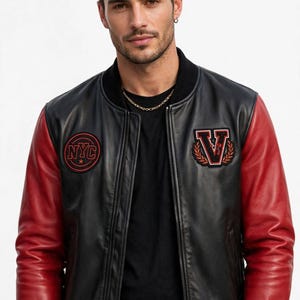 Chaqueta universitaria de cuero negro y rojo para hombre, chaqueta bomber de cuero auténtico con parches de Nueva York, chaqueta de béisbol estilo Letterman, regalo para él.