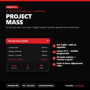 Könnte beinhalten: Ein schwarz-rotes digitales Dokument mit dem Titel Bodiez By J 16-Week Hardgainer Program Project Mass. Es enthält ein Rezept für einen 850-kcal-Shake, einen 5x5-Trainingsplan und eine Liste von Regeln für den Masseaufbau in 16 Wochen.