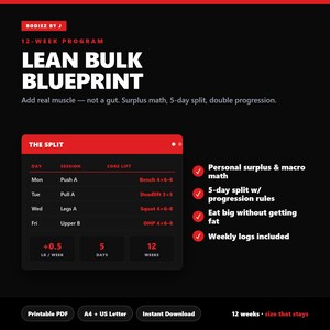 May include: A black and red digital document titled Lean Bulk Blueprint by Bodiez by J. It outlines a 12-week program with a 5-day split, core lifts like bench, deadlift, squat, and OHP, plus weekly logs, macro math, and a gain of 0.5 lb per week.
