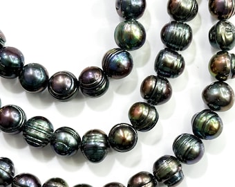 Large Hole Black Peacock Freshwater Pearl Potato Off Round Shape Beads 9-10mm Peacock Pearl Beads for Jewelry Making, Black Pearl Beads 15"