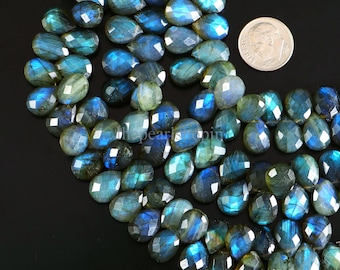 AAA Labradorite Faceted Pear Shape Gemstone Beads, 8x11-9x12MM Blue Flash Labradorite Pear Briolette Beads, Natural Labradorite Beads 7.5"in