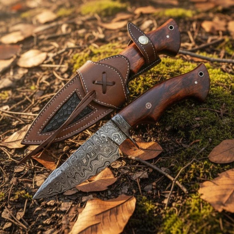 May include: A handcrafted hunting knife with a patterned blade and a dark wooden handle. The knife is accompanied by a brown leather sheath with a cross design. The knife and sheath are set on a bed of leaves and moss.