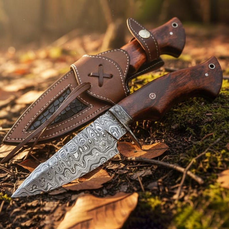 May include: A Damascus steel knife with a wooden handle and a leather sheath. The blade has a unique swirling pattern. The sheath is brown leather with a cross design and a strap. The knife is resting on a bed of leaves.