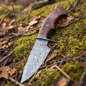 May include: A Damascus steel knife with a dark wood handle. The blade has a unique swirling pattern. The knife is resting on a bed of green moss and fallen leaves, suggesting an outdoor setting.