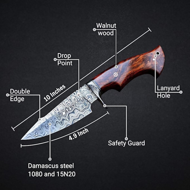 May include: A Damascus steel knife with a walnut wood handle. The blade is 10 inches long and 4.9 inches wide, featuring a double edge and drop point. Includes a safety guard and lanyard hole. The steel is 1080 and 15N20.