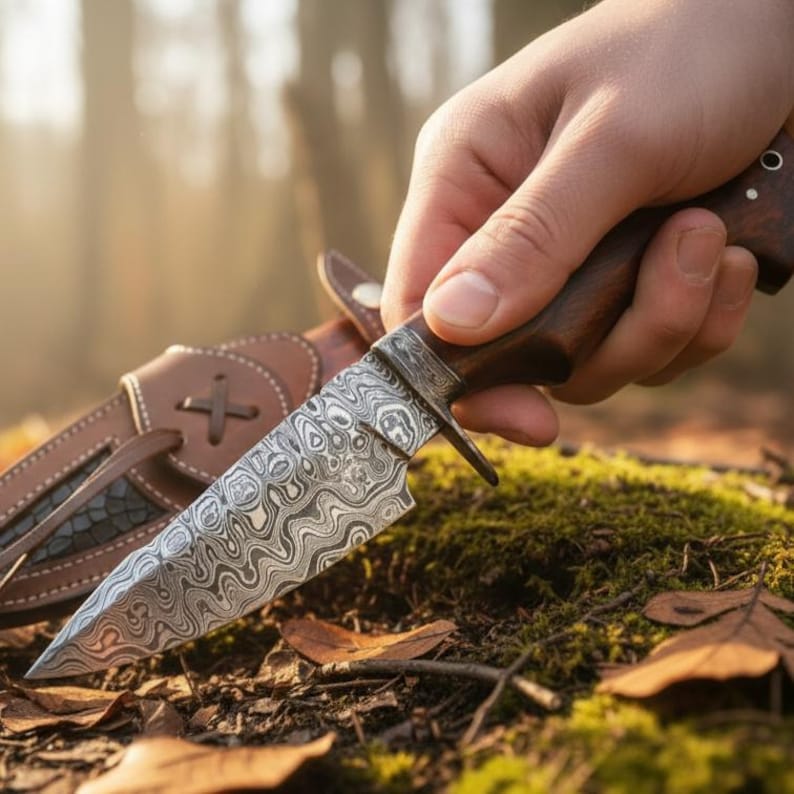 May include: A Damascus steel hunting knife with a wooden handle and a leather sheath. The blade has a unique swirling pattern. The knife is held in a hand, with the sheath in the background. The knife is resting on moss.