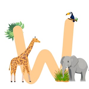 Printable poster - Initial &quot;W&quot; for baby/child&#39;s room - savannah animal theme