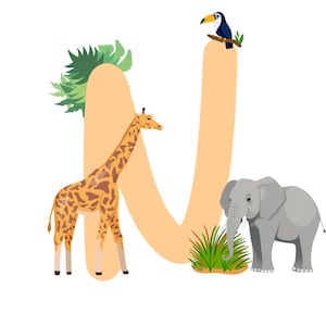 Printable poster - Initial &quot;N&quot; for baby/child&#39;s room - savannah animal theme