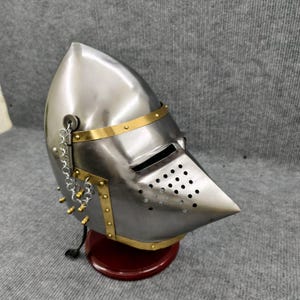 Decorative Medieval-Style Closed Helmet | Handcrafted Steel Armor Replica with Brass Trim | Display Collectors Piece