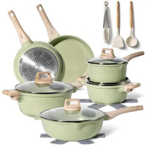 May include: A set of sage green speckled cookware including two frying pans, two lidded pots, and a lidded sauté pan with light wood-tone handles and knobs. The set also includes a pair of metal tongs, a spatula, and a ladle with matching handles.