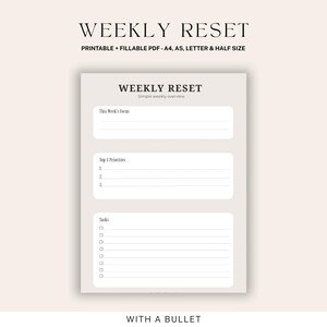Weekly Reset Planner Printable | A4 A5 Letter Half Size | Fillable PDF | Digital Planner Download