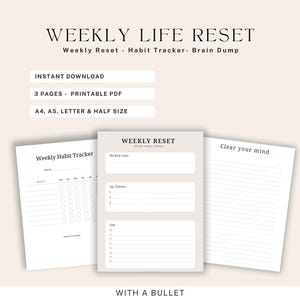 Weekly Reset Planner Printable | Habit Tracker & Brain Dump | A4 A5 Letter Half Size | Fillable PDF | Digital Planner Download