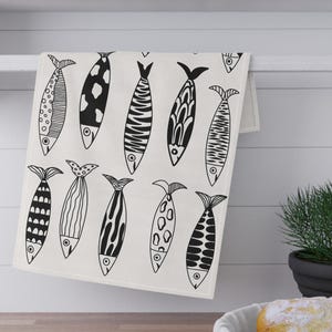 Whimsical Fish Cotton Tea Towel: Coastal Kitchen Decor
