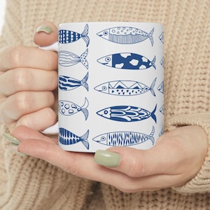 Nautical Fish Ceramic Mug: Coastal Ocean Decor - Blue and White