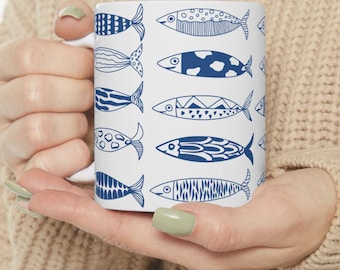 Keramische mok nautische vis: kust-oceaandecor - blauw en wit
