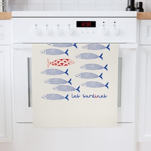 Sardines towel, Fish Cotton Tea Towel, Nautical Kitchen Decor, Unique Housewarming Gift, Coastal Home Accent, Fun Cooking Accessory