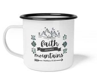 Faith Moves Mountains Enamel Camp Cup: Inspirational Outdoor Mug