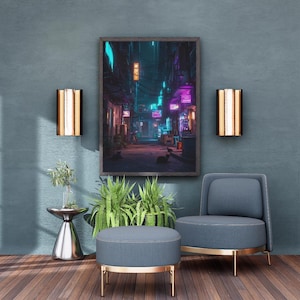 Póster de gato neón ciberpunk: impresión artística futurista de ciencia ficción, decoración de pared de ciudad vaporwave