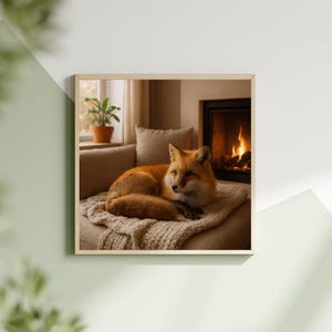 Cozy Fox Poster | Warm Woodland Animal Art Print | Fox by Fireplace Wall Art | Rustic Cottagecore Decor | Cozy Home Aesthetic Poster