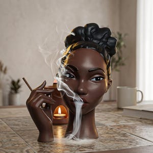 May include: A dark-skinned sculptural incense burner shaped like a head with a high bun hairstyle and a hand holding a stick. White smoke curls from the mouth and the incense stick. The sculpture is made of a smooth, matte-finish material.