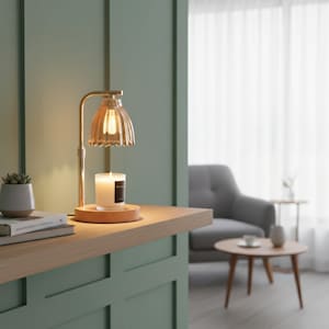 Op de afbeelding: Een goudkleurige kaarsenwarmerlamp met een glazen kap en een houten voet. Een brandende kaars staat op de voet. De lamp staat op een houten plank met een kleine vetplant en boeken. De achtergrond toont een groene muur en een grijze fauteuil.