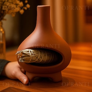 May include: A terracotta-coloured ceramic smudge pot with a cylindrical neck and a rounded body. A bundle of white sage is placed inside the pot's oval opening. The pot has three small feet and is displayed on a wooden surface.
