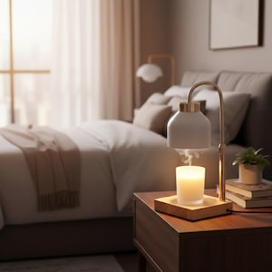 Puede incluir: Una lámpara calentadora de velas blanca y dorada con una vela encendida sobre una base de madera. La lámpara está sobre una mesita de noche marrón oscuro junto a una cama con ropa de cama blanca. También hay una pequeña planta y libros.