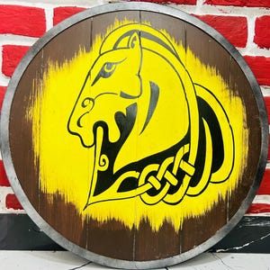 Handcrafted Viking Wooden Shield - Yellow Lion Knotwork - 24 Inch Cosplay LARP