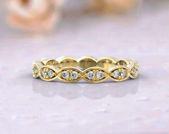 Milgrain Diamond Wedding Band 0.25 CT | Vintage Gold Eternity Ring | Elegant Anniversary Band