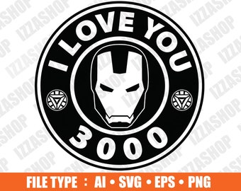 Pode incluir: Um design circular preto e branco com o texto "I Love You 3000" em um círculo branco. O centro do círculo apresenta uma imagem estilizada da máscara do Homem de Ferro.