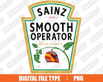 May include: A red, white, and green ketchup bottle label with the text "Sainz Smooth Operator" and "55 Carlos Sainz Jr". The label features a tomato plant with a red and yellow racing helmet.